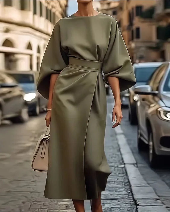Cralom Solid Color Waist Cinched Batwing Sleeve Long Dress - 2025 Autumn