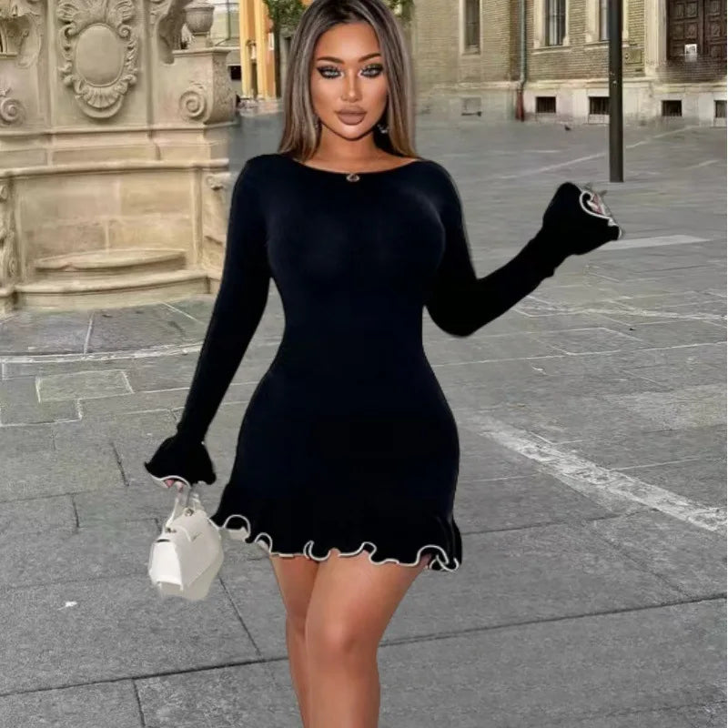 Cralom Wave Edge Round Neck Slimming Long Sleeve Dress