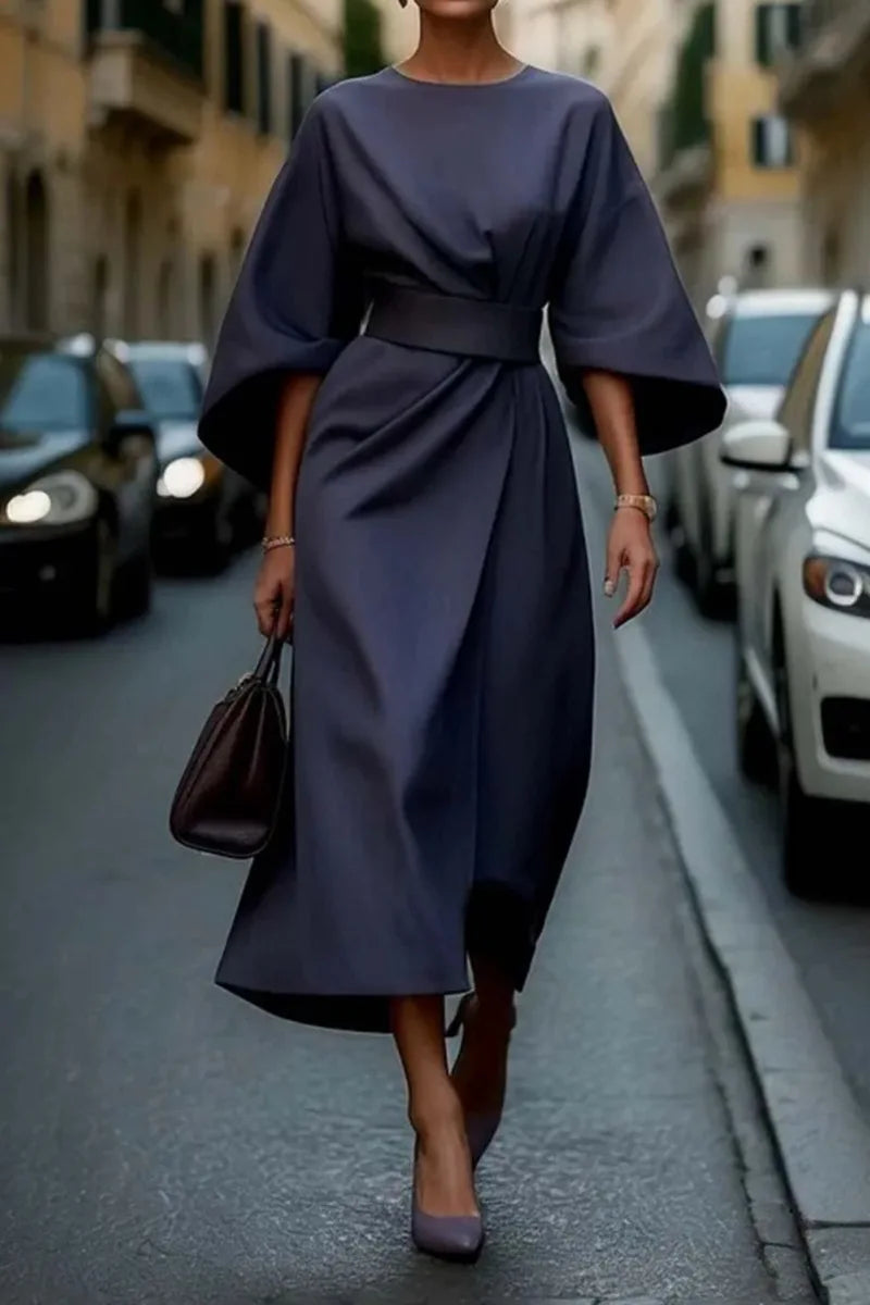 Cralom Solid Color Waist Cinched Batwing Sleeve Long Dress - 2025 Autumn