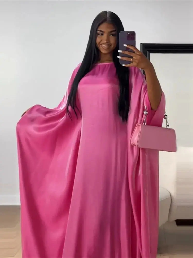 Cralom Satin Butterfly Batwing Abaya Kaftan Maxi Dress