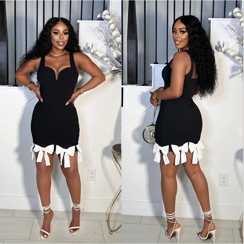 Cralom Metal V-neck Suspender Bow Tassel Dress