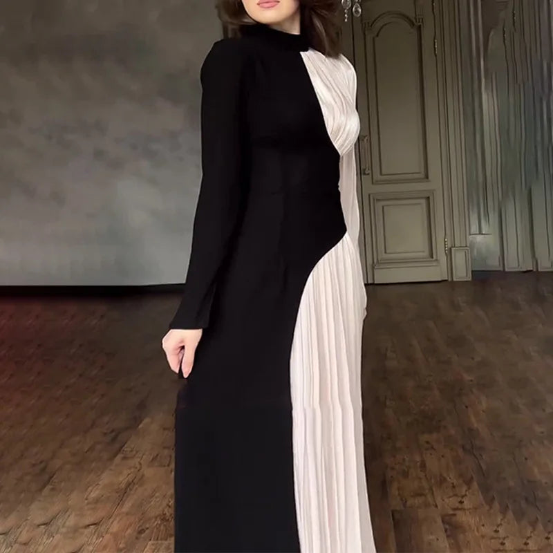 Cralom Retro Dress: Round Neck Long Sleeve Slim Fit High Waist 2025 Autumn