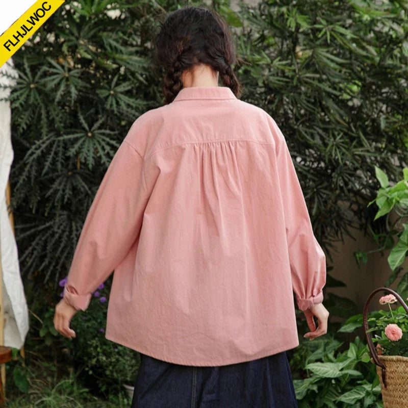 Cralom Long Sleeve Cotton Blouses in White/Pink