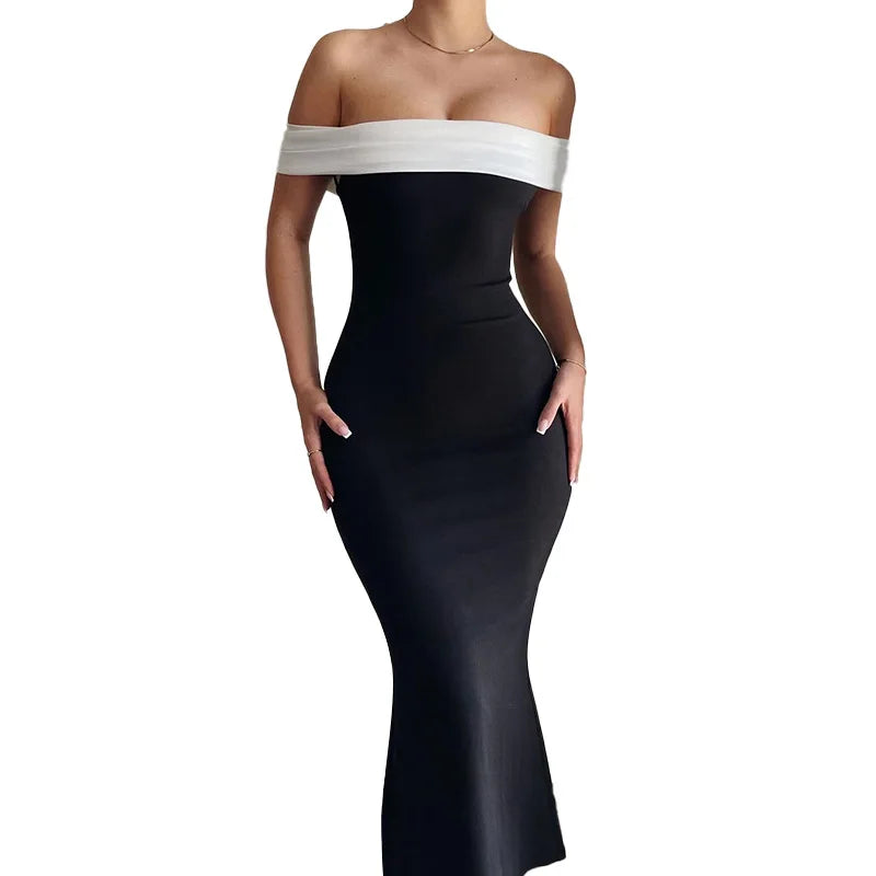 Cralom One-Shoulder Sexy Summer Dress with Contrasting Colors and Slim Fit