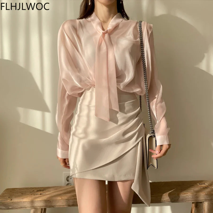 Cralom Sheer Bow Tie Blouse - Elegant Office Chic Fashion for Women