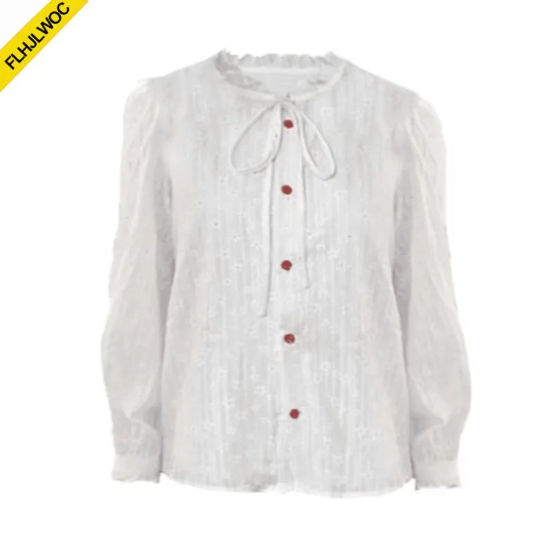 Cralom Cotton Ruffles Bow Tie Blouse - White Chic Fashion Shirt