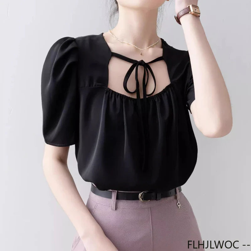 Square Neck Black Bow Tie Top - Cralom Women's Blouse