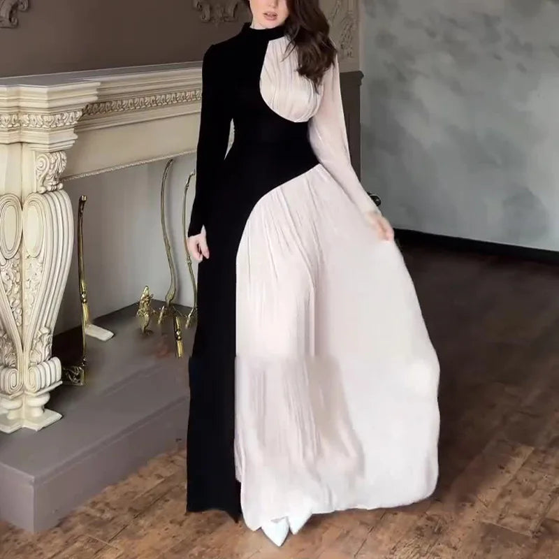 Cralom Retro Dress: Round Neck Long Sleeve Slim Fit High Waist 2025 Autumn