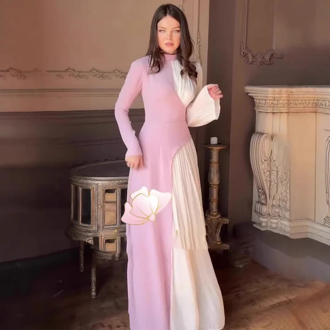 Cralom Retro Dress: Round Neck Long Sleeve Slim Fit High Waist 2025 Autumn