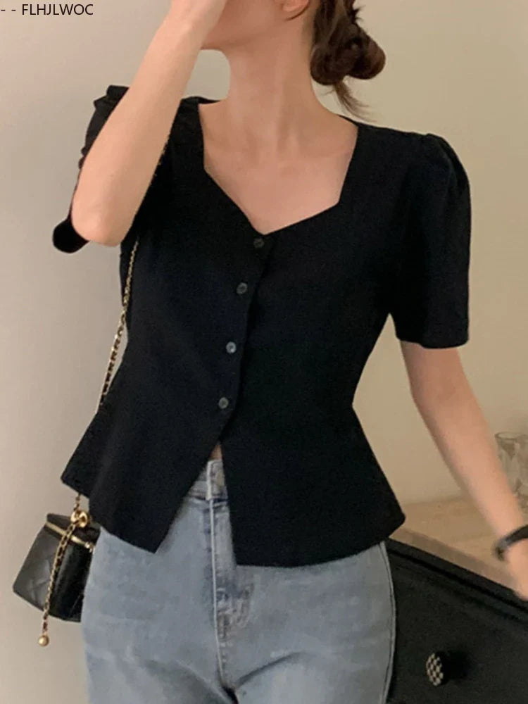 Cralom Retro Summer Crop Tops: Chic Bodycon Slim Fit Peplum Button Shirts