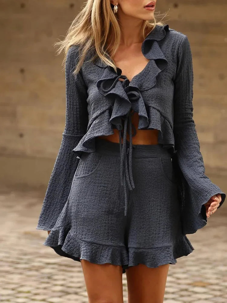 Cralom Lace Up Flare Sleeve Top & Short Set: Vintage Streetwear Style