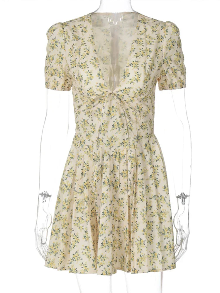 Cralom 2025 Pleated Mini Dress: Sexy Slim Fit, Floral Print, V-Neck, Short Sleeve