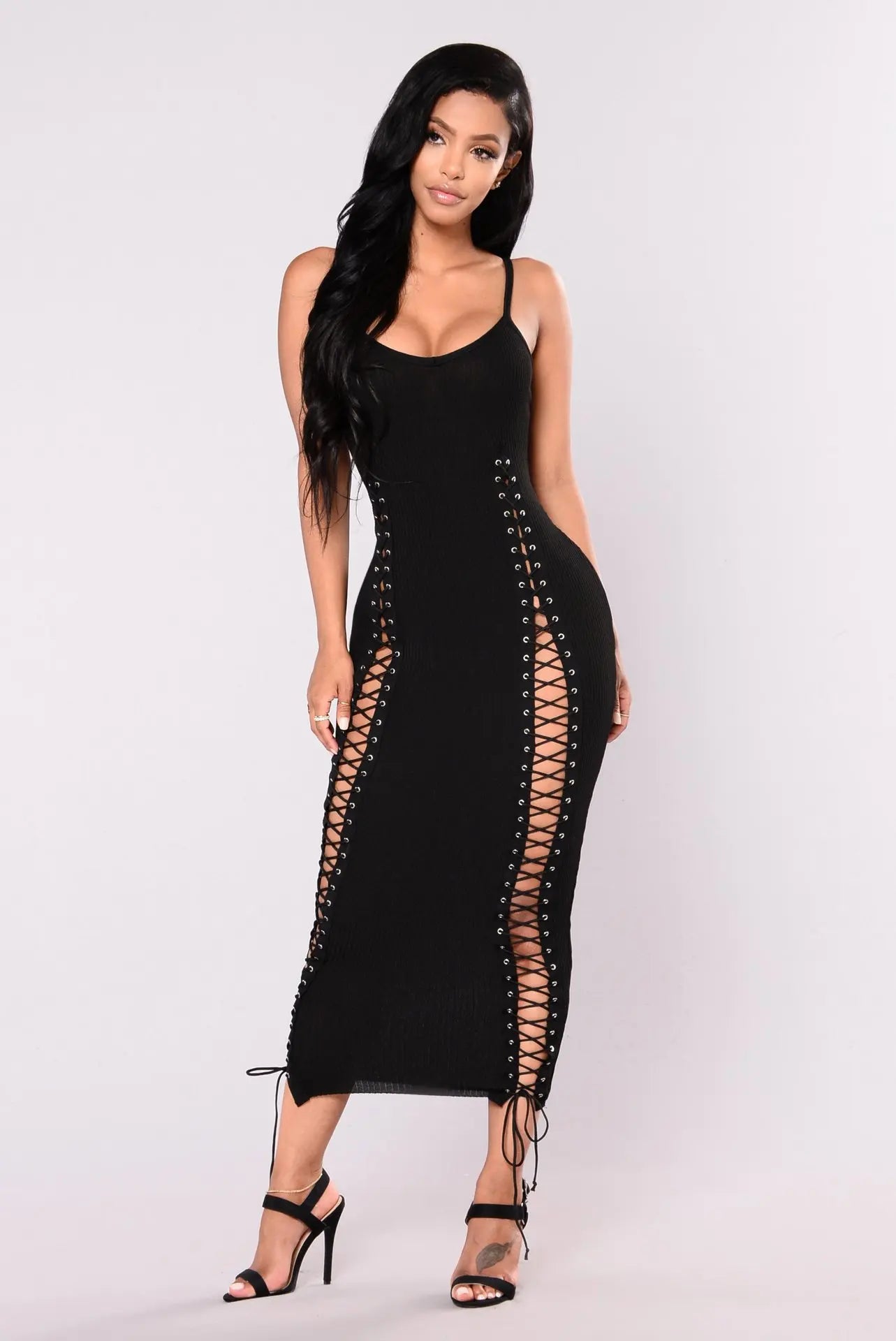 Cralom Solid Color V-Neck Suspender Dress Nightclub Chic Hollowed Out Strap Midi