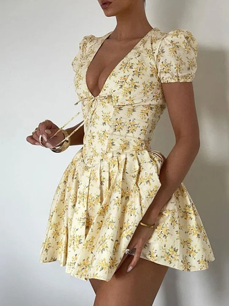 Cralom 2025 Pleated Mini Dress: Sexy Slim Fit, Floral Print, V-Neck, Short Sleeve