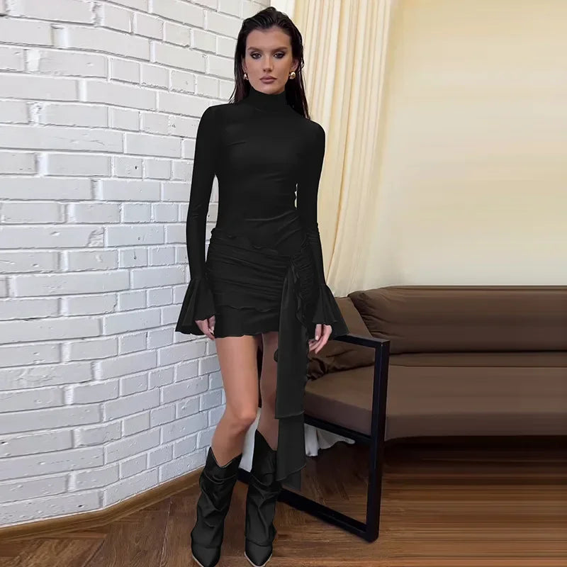 Cralom Half High Neck Trumpet Sleeves Tight Hip Hugging Skirt