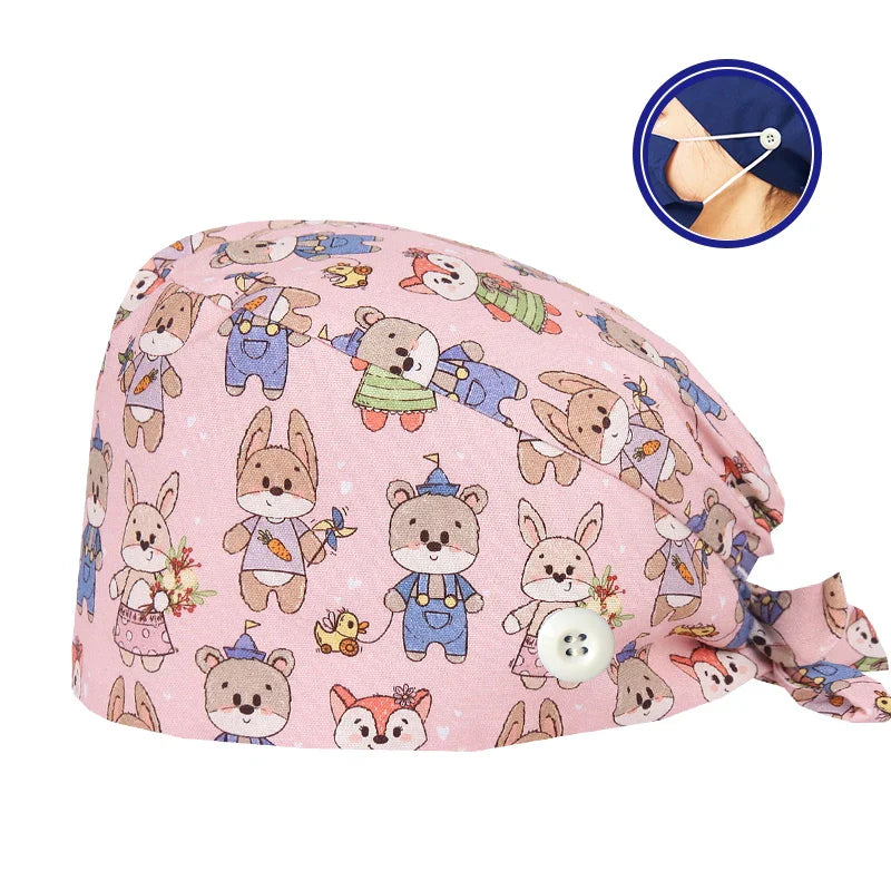 Cralom Cartoon Print Cotton Scrub Caps for Pet Grooming & Medical Professionals