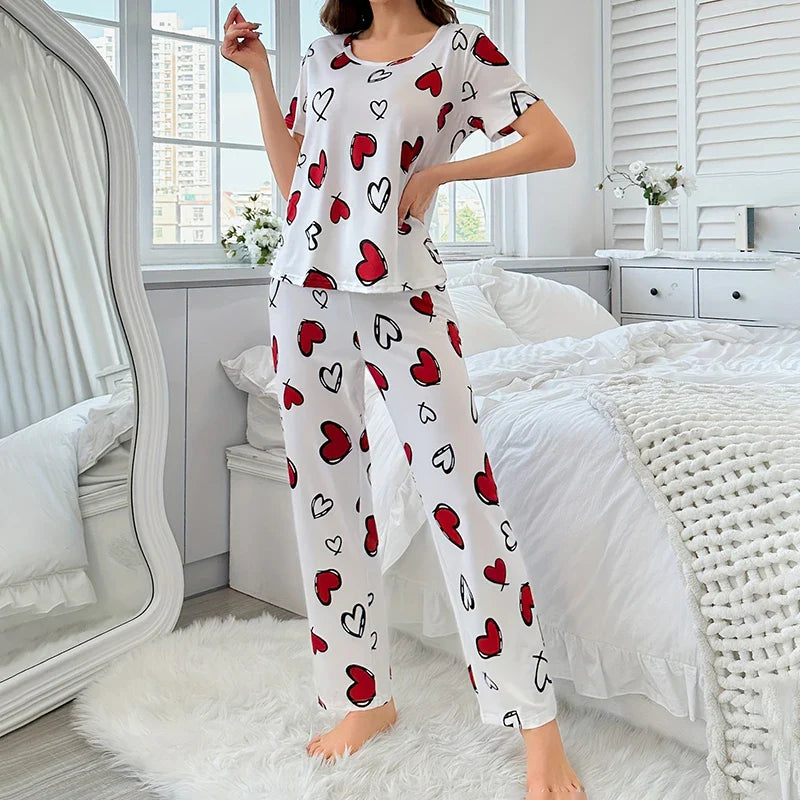 Cralom Heart Print 2Pcs Pajama Set: Tee & Pants, Summer Sleepwear