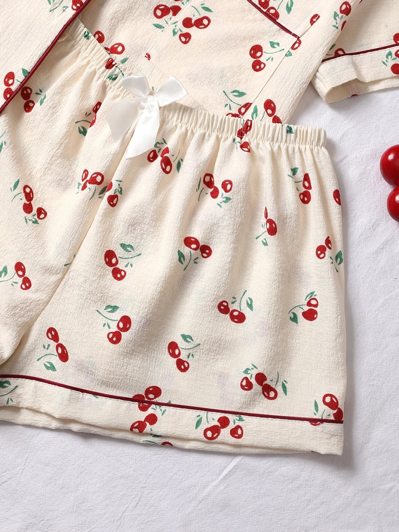 Cralom Cherry Print Pajama Set: Short Sleeve Top & Soft Elastic Shorts