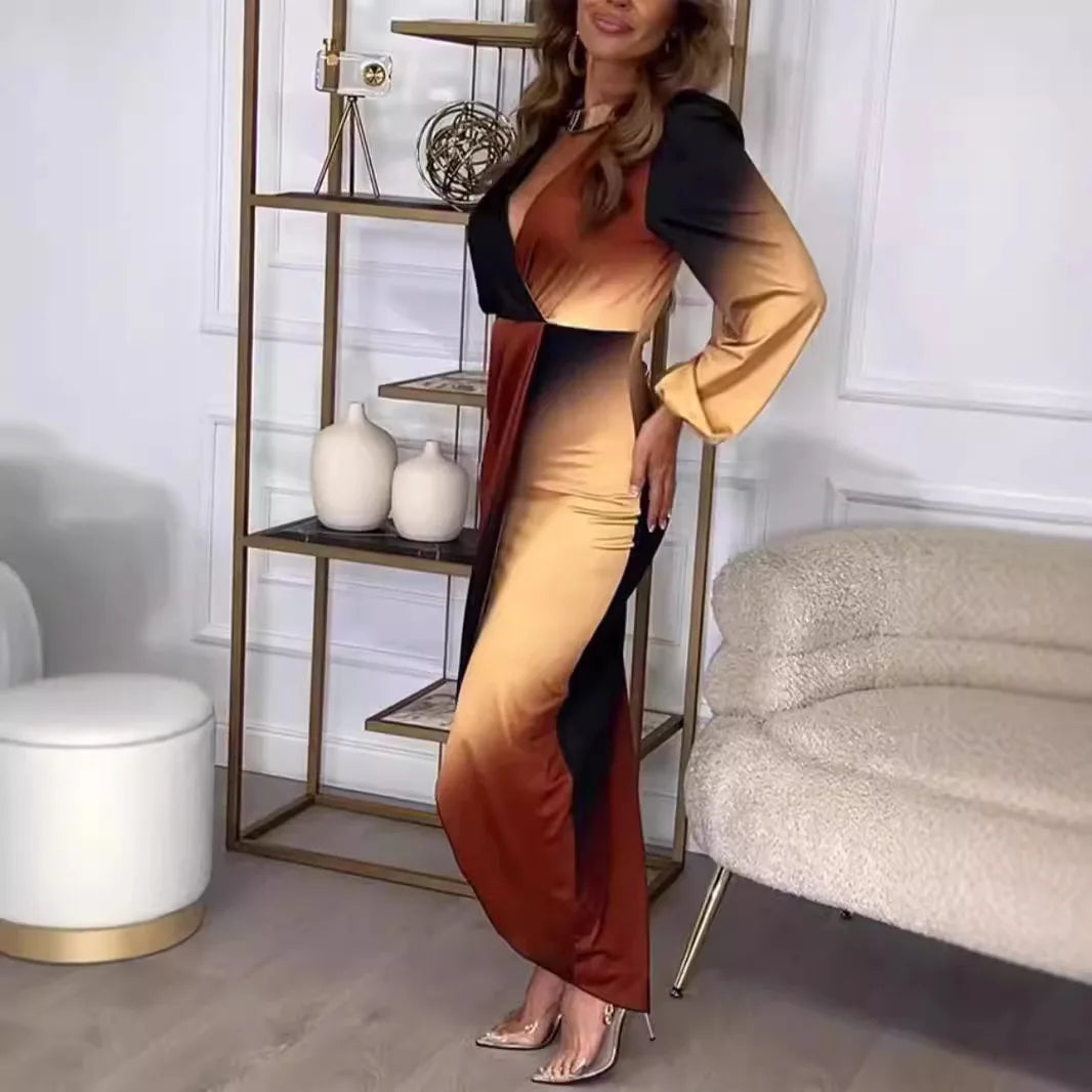 Cralom Gradient V-Neck Long Sleeve Dress - 2025 Autumn Fashion