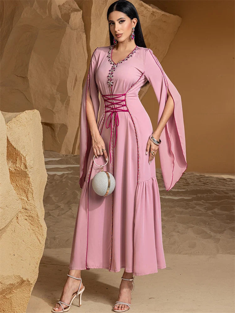 Ramadan Pink Dubai Satin Abaya Modest Muslim Prayer Dress for Women by Cralom