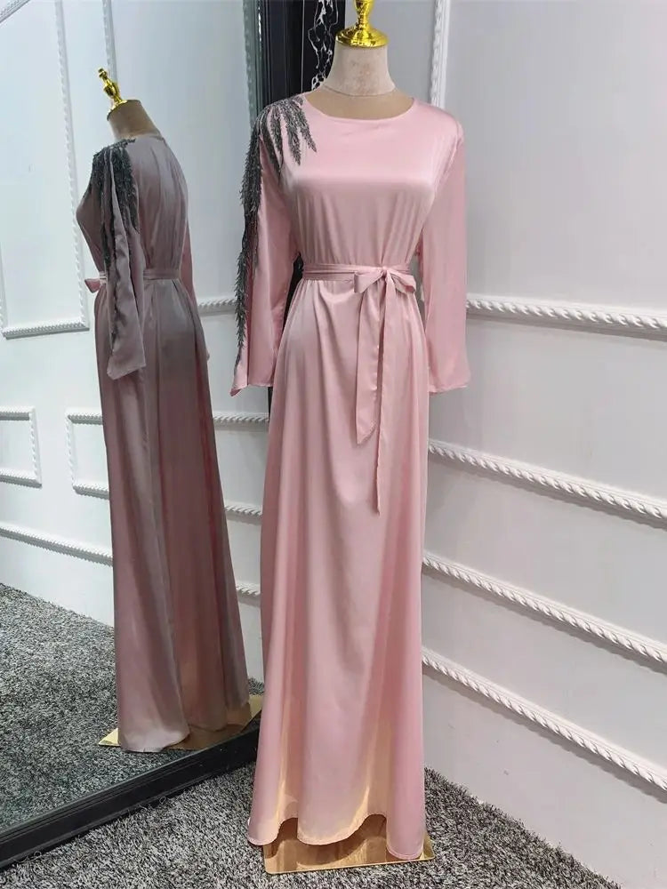 Pink Satin Ramadan Eid Abaya by Cralom - Modest Muslim Dress - Dubai Style