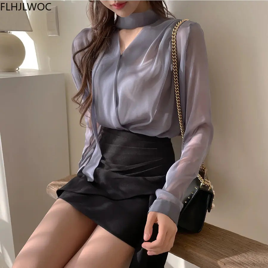 Cralom Sheer Bow Tie Blouse - Elegant Office Chic Fashion for Women