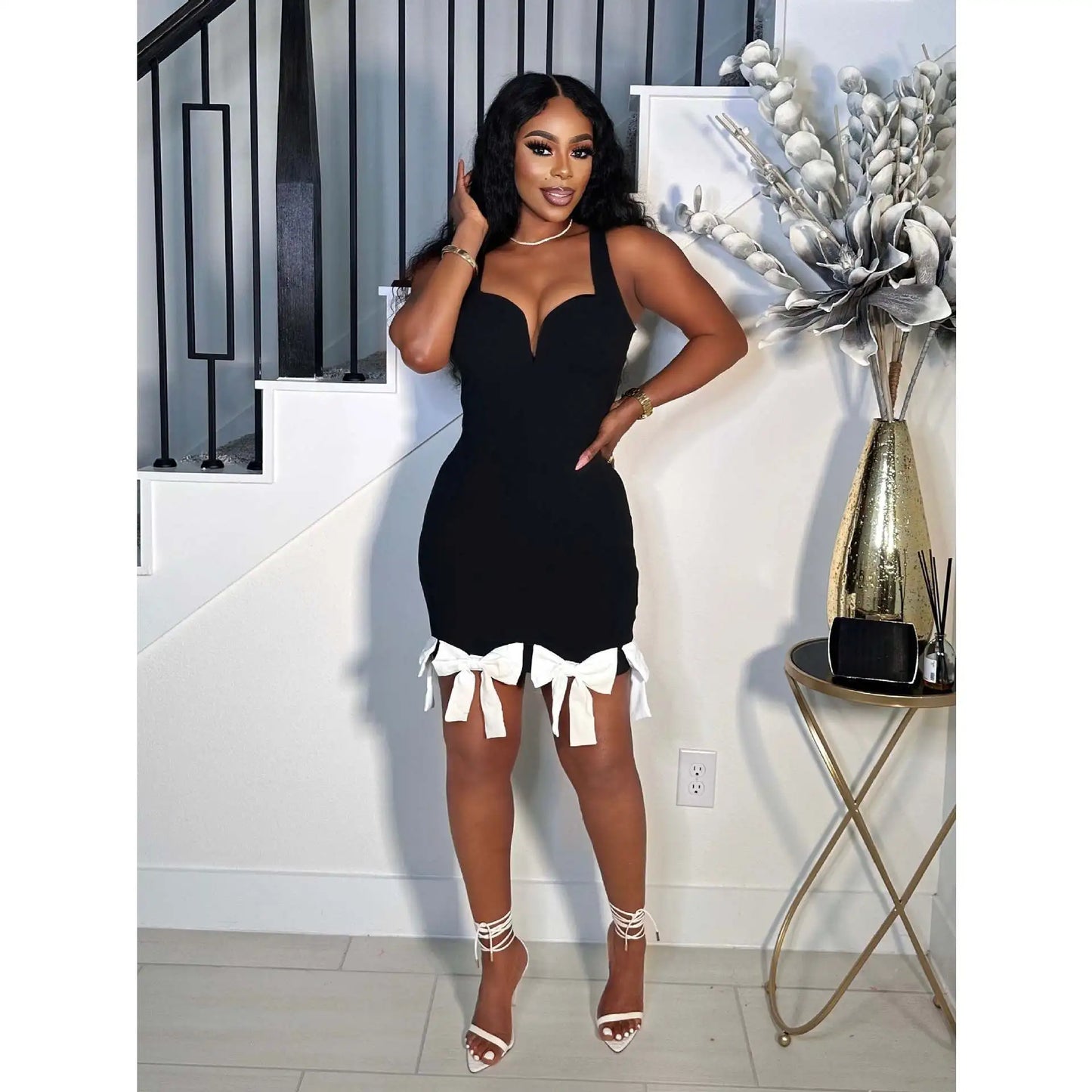 Cralom Metal V-neck Suspender Bow Tassel Dress