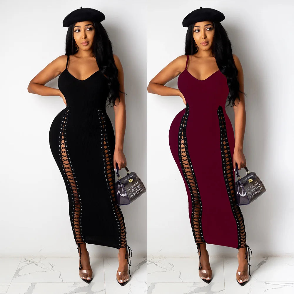 Cralom Solid Color V-Neck Suspender Dress Nightclub Chic Hollowed Out Strap Midi