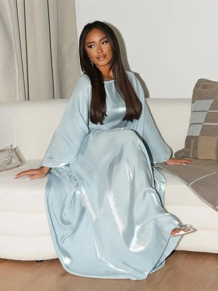 Cralom Satin Butterfly Batwing Abaya Kaftan Maxi Dress