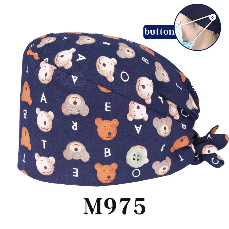 Cralom Cartoon Print Cotton Scrub Caps for Pet Grooming & Medical Professionals