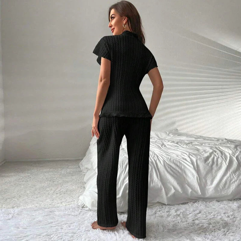 Cralom Women's Elegant Pajama Set Short Sleeve V-Neck Top & Pant Comfortable Loungewear
