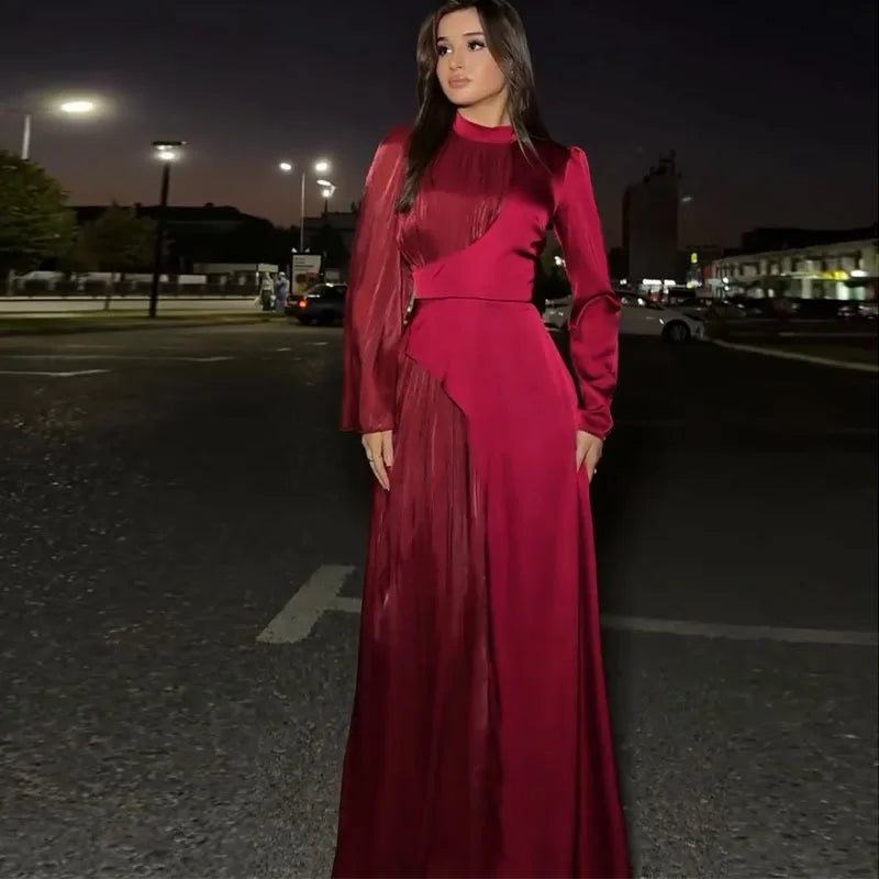 Cralom Retro Dress: Round Neck Long Sleeve Slim Fit High Waist 2025 Autumn