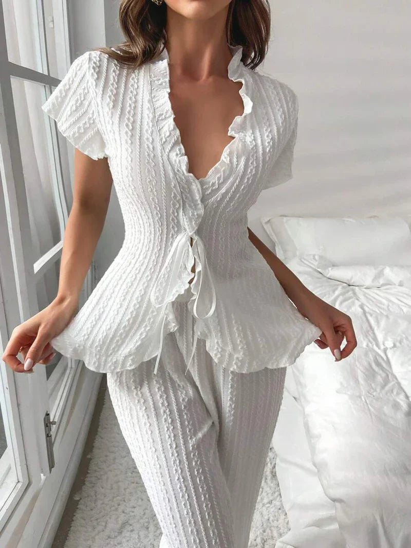 Cralom Women's Elegant Pajama Set Short Sleeve V-Neck Top & Pant Comfortable Loungewear