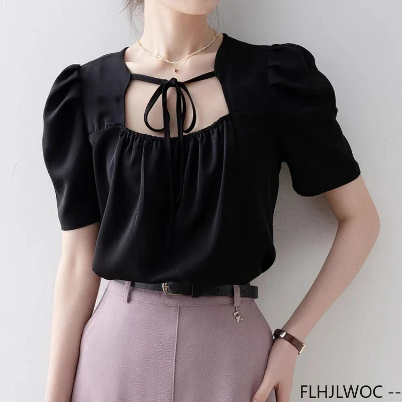 Square Neck Black Bow Tie Top - Cralom Women's Blouse