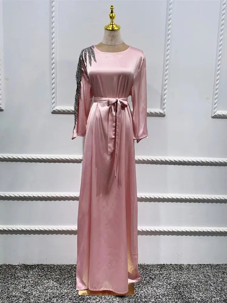 Pink Satin Ramadan Eid Abaya by Cralom - Modest Muslim Dress - Dubai Style