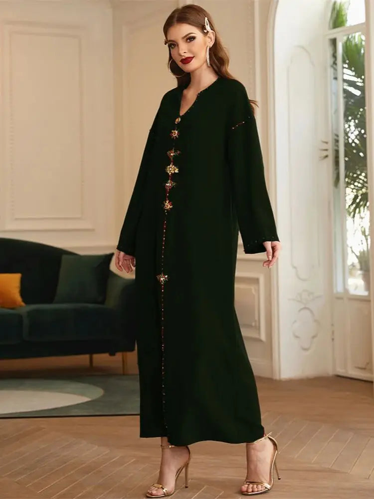 Luxury Dark Green Muslim Abaya Dress by Cralom - Eid Ramadan Dubai Robe