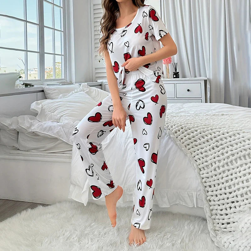 Cralom Heart Print 2Pcs Pajama Set: Tee & Pants, Summer Sleepwear