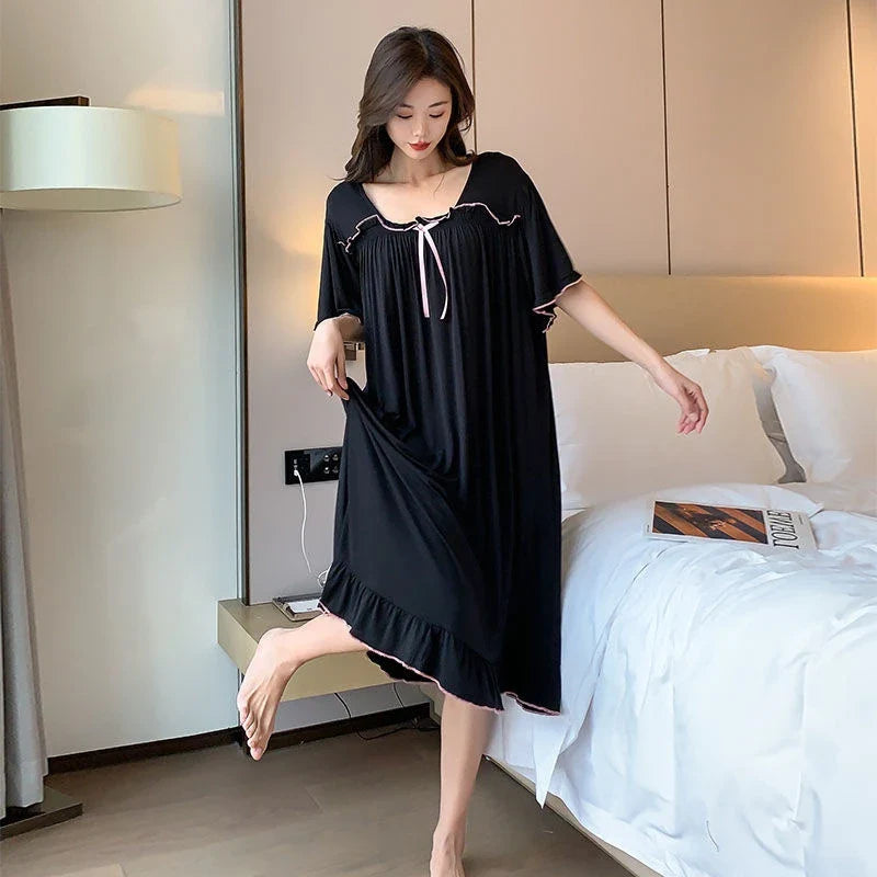 Cralom Short-Sleeve Nightgown: Plus Size, Breathable Fabric, Crew Neck, Bow Decor, Summer Sleepwear