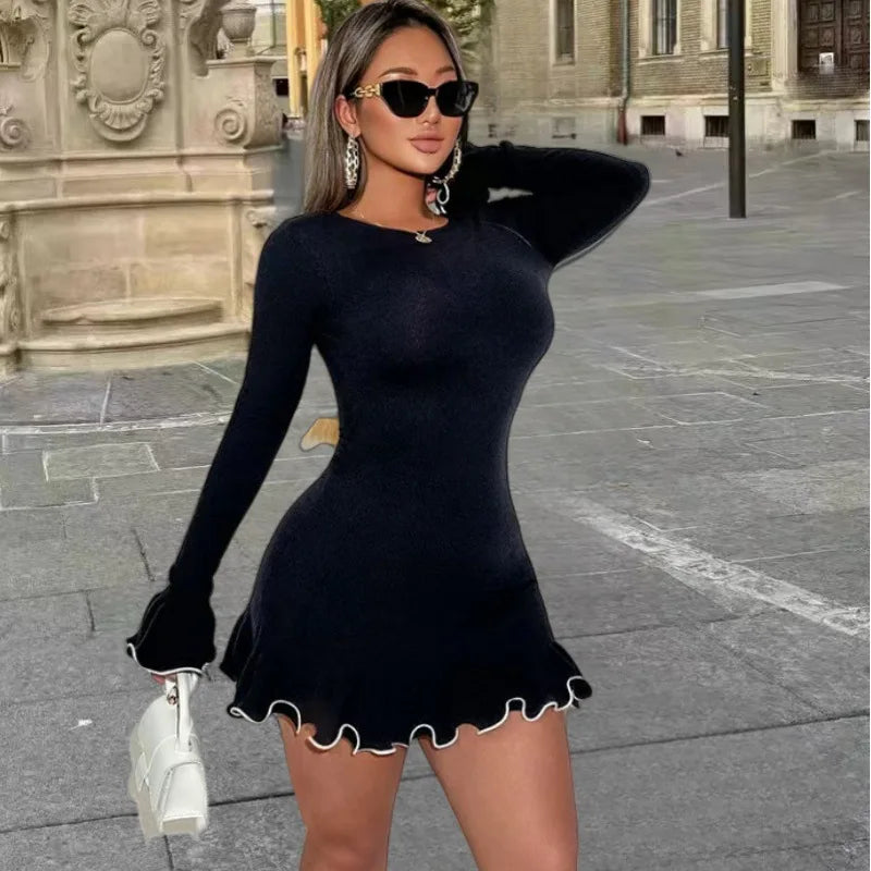 Cralom Wave Edge Round Neck Slimming Long Sleeve Dress