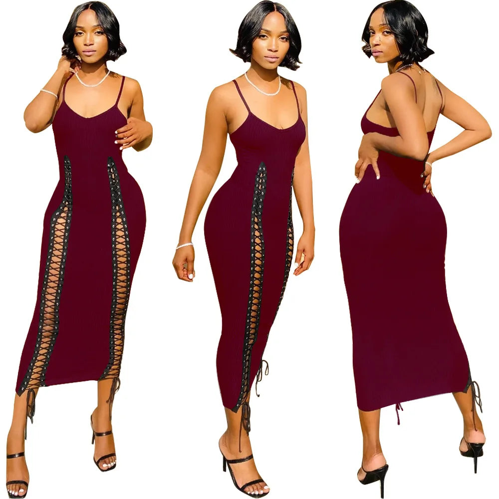 Cralom Solid Color V-Neck Suspender Dress Nightclub Chic Hollowed Out Strap Midi