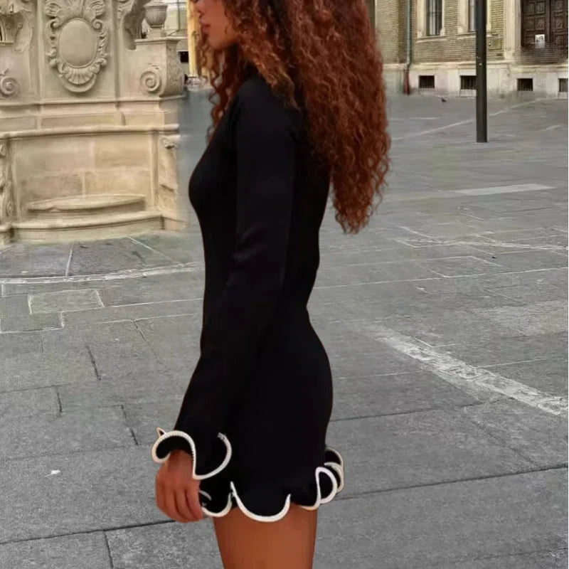 Cralom Wave Edge Round Neck Slimming Long Sleeve Dress