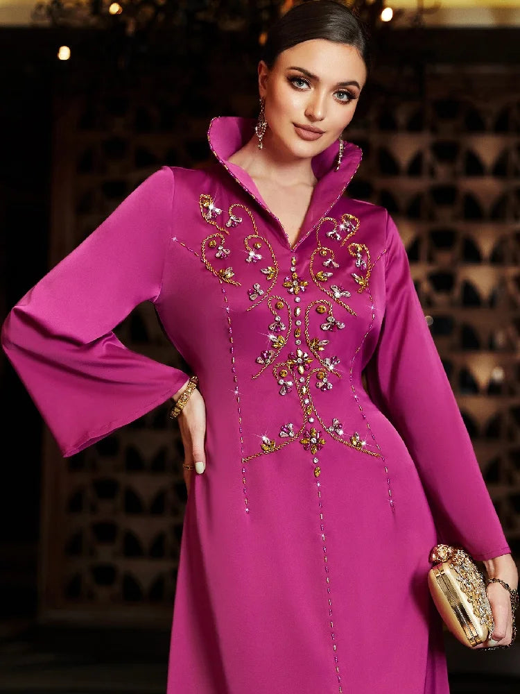 Ramadan Rose Red Abaya by Cralom - Elegant Muslim Evening Party Dress