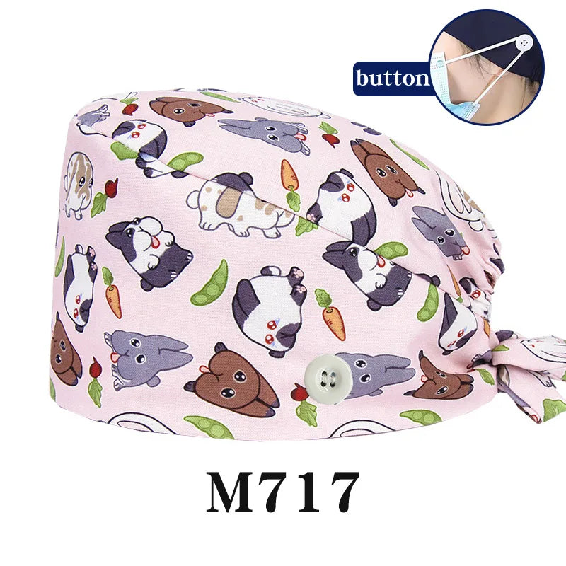 Cralom Cartoon Print Cotton Scrub Caps for Pet Grooming & Medical Professionals