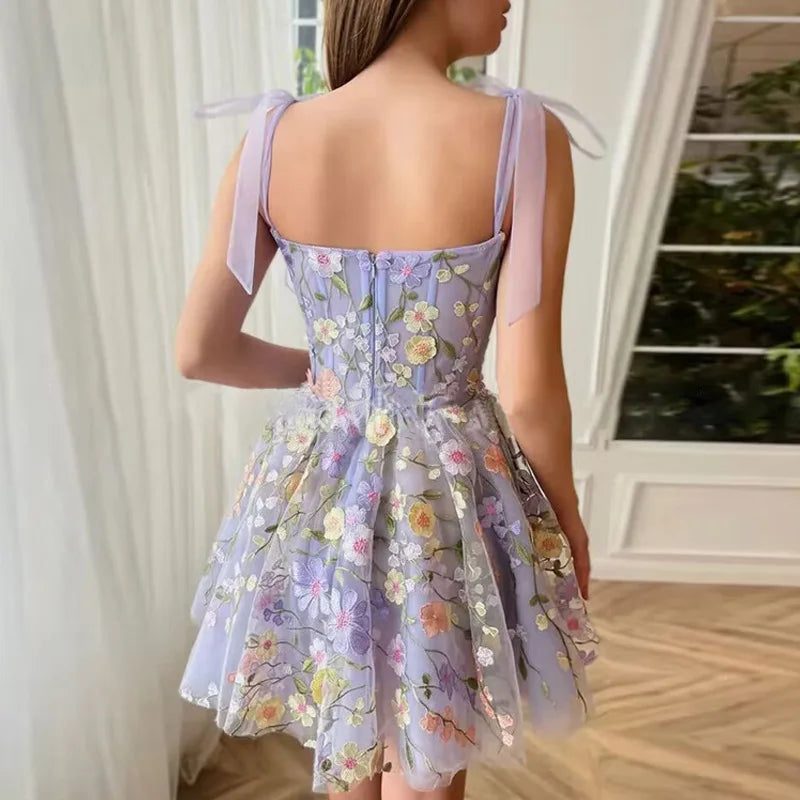 Cralom Embroidered Flower Wrap Sleeveless Sling Dress