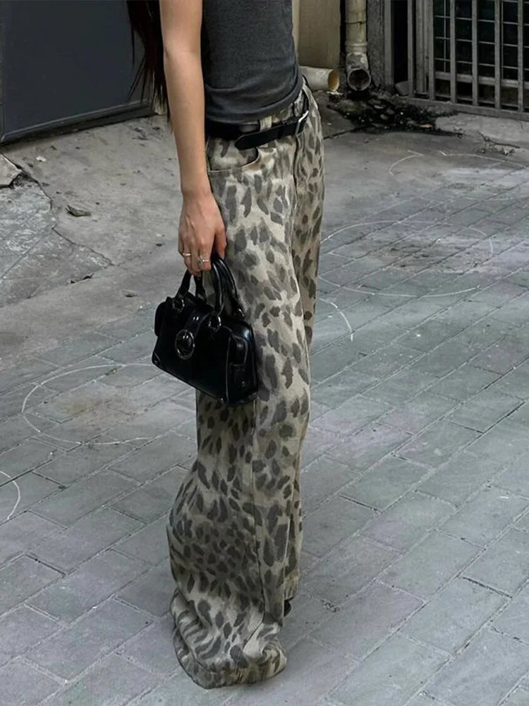 Cralom Vintage Distressed Leopard Jeans: High Waist Wide Leg Pants