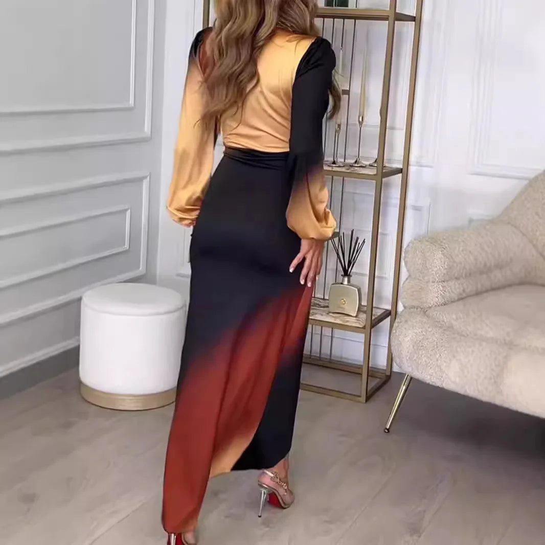 Cralom Gradient V-Neck Long Sleeve Dress - 2025 Autumn Fashion