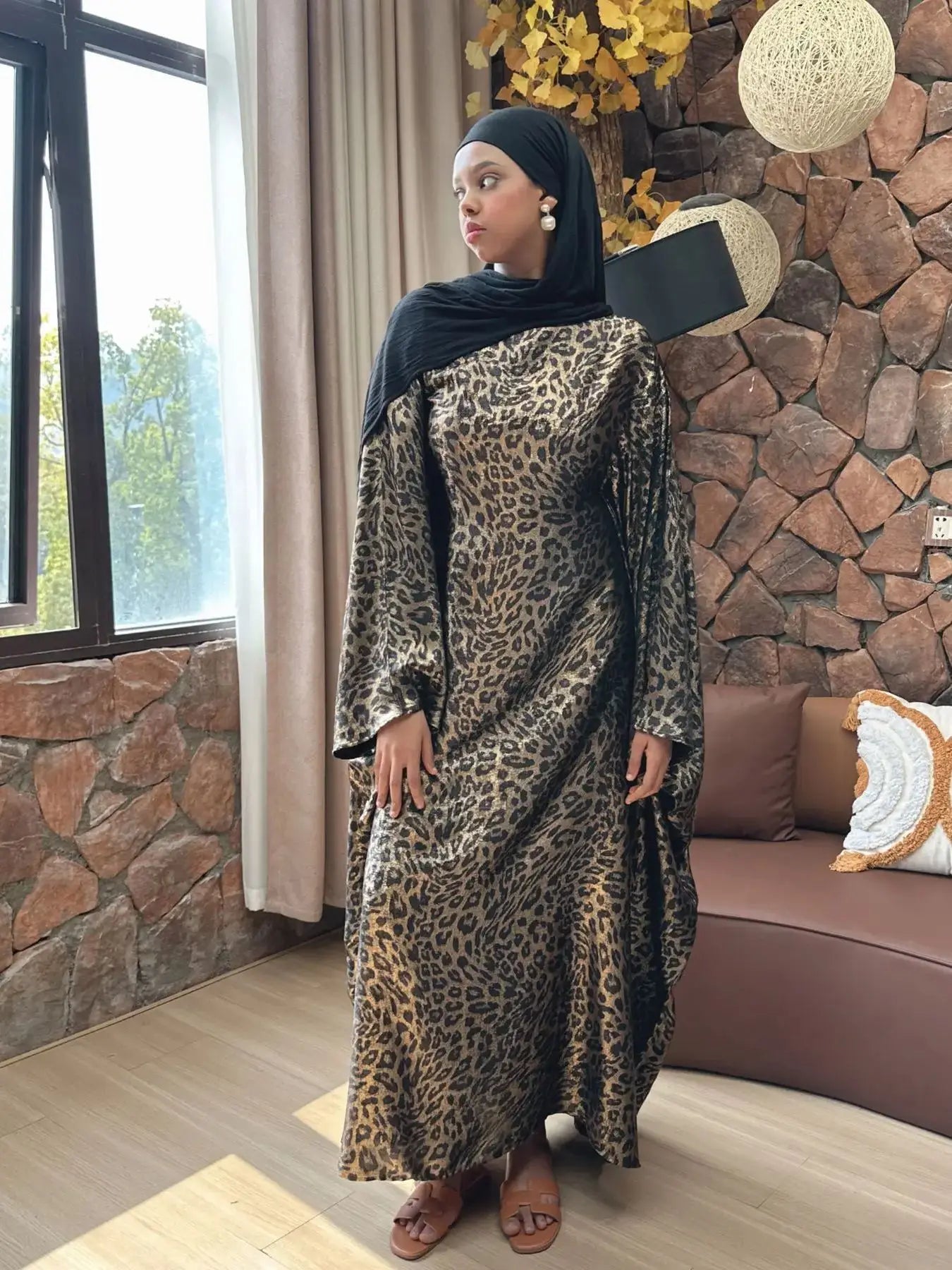 Leopard Print Satin Butterfly Abaya Maxi Dress by Cralom