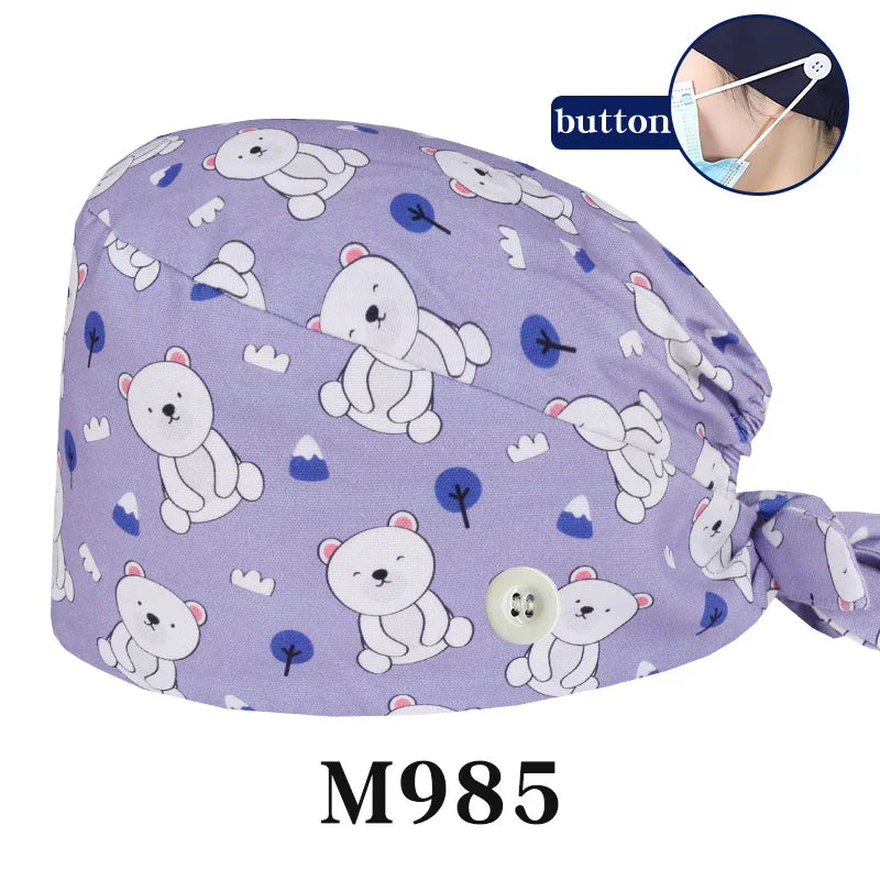 Cralom Cartoon Print Cotton Scrub Caps for Pet Grooming & Medical Professionals