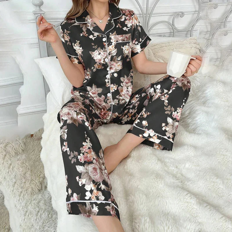 Cralom Satin Pajama Set: Short Sleeve Top & Long Pants Sleepwear