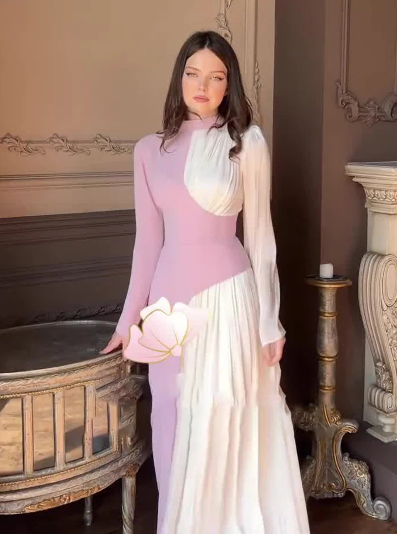 Cralom Retro Dress: Round Neck Long Sleeve Slim Fit High Waist 2025 Autumn